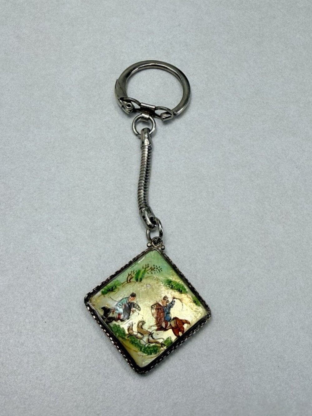 Vintage Enamel Double Sided Keychain Hand Painted Scene Pendant - Picture 3 of 7